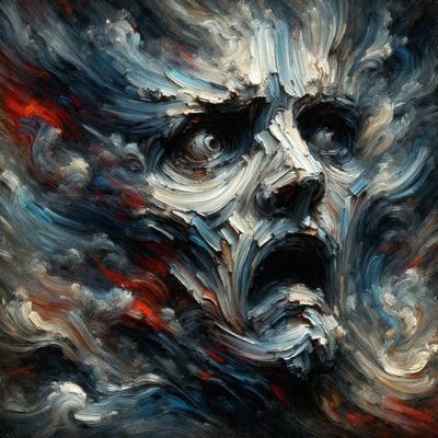 The primary subject of the image is a close-up of a person's face, with a screaming expression. The setting is a cloudy sky, which serves as the background. The visual style is a painting, with a focus on the facial expression and the surrounding clouds. The colors in the painting are predominantly dark, with the face being the main focus, and the sky being a lighter shade of blue. The overall atmosphere of the painting is intense and dramatic.